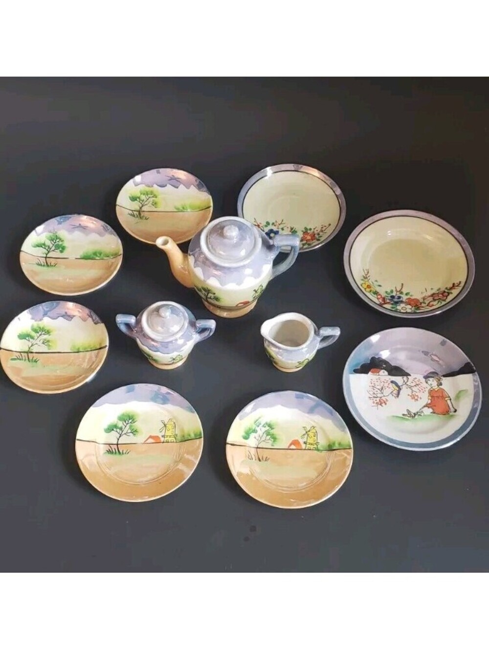 Vintage Hand Painted Japanese Lustreware Child’s Tea Set Lot Japan Miniatures